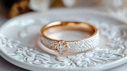 Elegant gold wedding ring with intricate design and sparkling diamond on decorative white plate