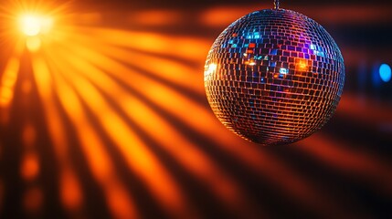 Obraz premium Disco ball hangs, spotlight beams, party background
