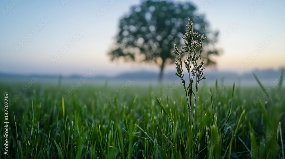 Aufkleber serene early morning landscape with dew on grass and tree silhouette in soft sunlight : generative a