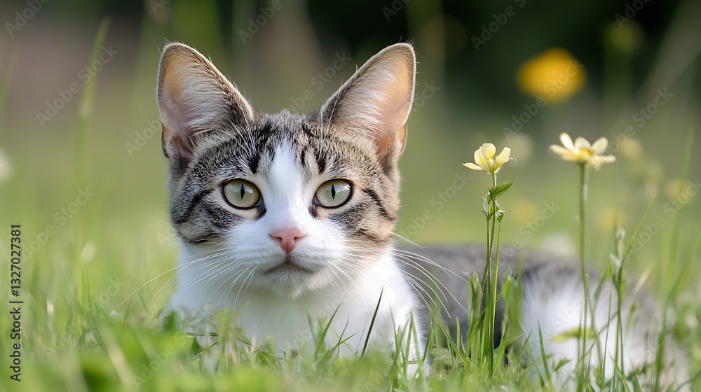 Poster charming tabby cat resting among flowers on a sunny day in a lush green field : generative ai