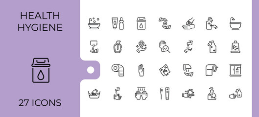 Hygiene minimal icon set. Includes thin line care, clean, sanitary, washing, antiseptic, wash, protection and more. Pixel perfect. Bath vector line icons. Vector icons editable stroke.