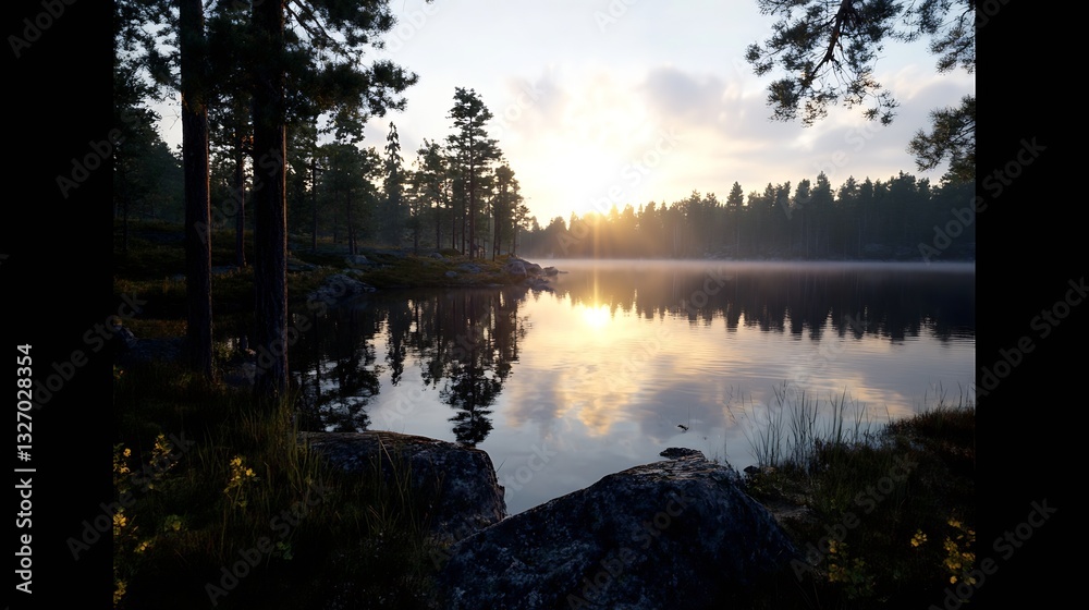 Poster gorgeous sunrise reflecting on calm lake surrounded by lush green forest in tranquil nature setting 