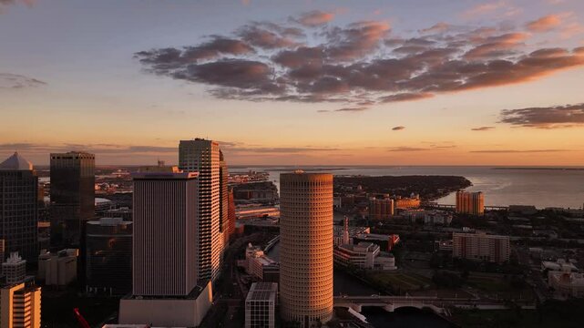 Tampa, United States - 01 February 2025: Aerial view of downtown tampa skyline with modern skyscrapers and hillsborough river at sunset, davis islands, florida, united states.
