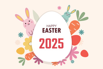 Happy Easter 20 April 2025 with cute bunny, flowers, colorful tones. Festive Easter holiday greeting card design with paper-cut effect for spring celebration