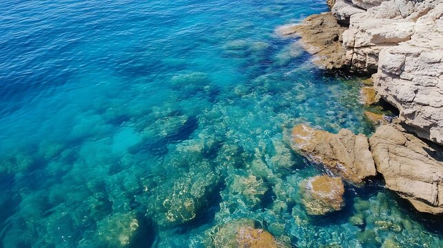 Crystal clear turquoise waters gently washing over rocky shoreline in a serene coastal setting : Generative AI