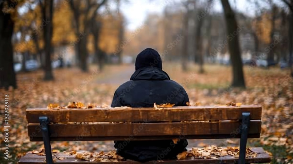 Poster a solitary figure sitting on a bench surrounded by fallen leaves on a tranquil autumn day : generati