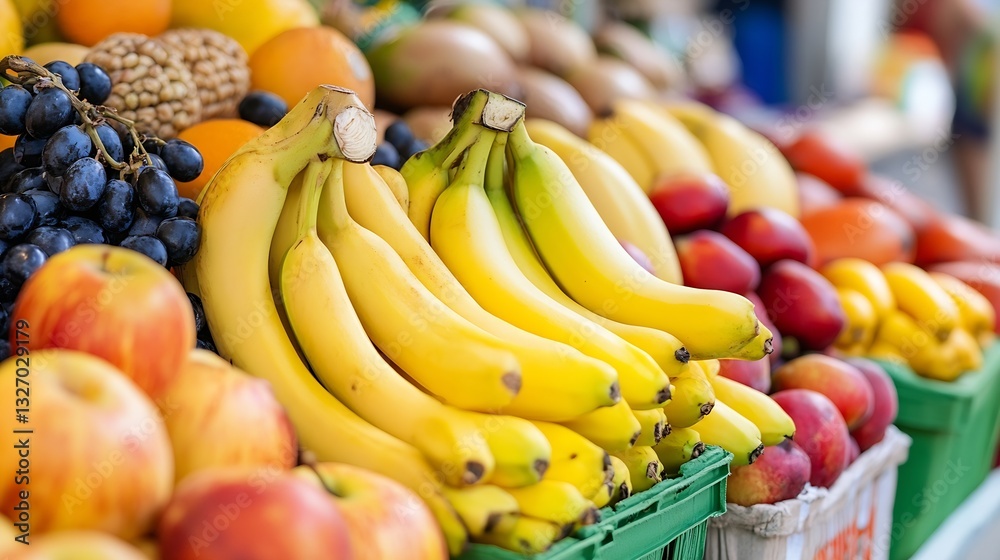 Poster fresh fruits displayed at a market featuring vibrant bananas apples and assorted berries : generativ