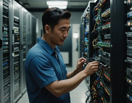Focused Japanese IT Technician Inspecting Server Cables in a Data Center for Optimal Network Performance