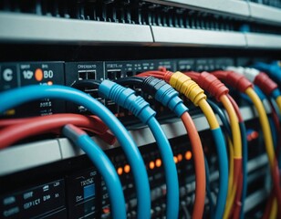 Naklejka premium Organized Network Cables Connected to a Server Rack in a Modern Data Center for Reliable Data Transmission and Information Technology Infrastructure
