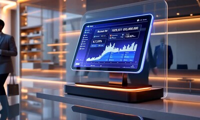 Modern business lobby, financial data display, businessmen walking, night - Powered by Adobe