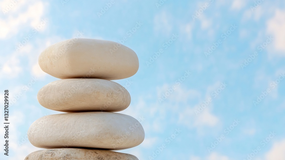 Poster balanced stones stacked on each other with a blue sky background symbolizing peace and harmony : gen