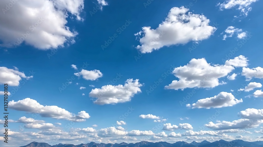 Poster serene sky view featuring scattered fluffy clouds over distant mountain peaks on a sunny day : gener