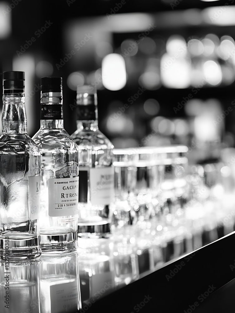 Aufkleber Elegant display of various whiskey bottles arranged on a bar counter with soft glowing lights : Generative AI
