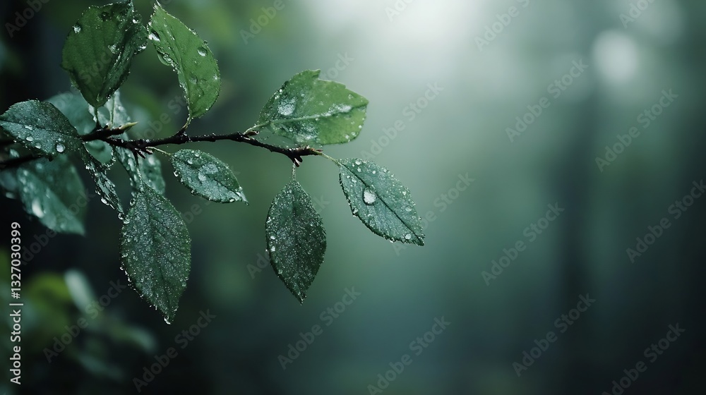 Poster closeup view of green leaves adorned with fresh raindrops in a misty forest environment : generative