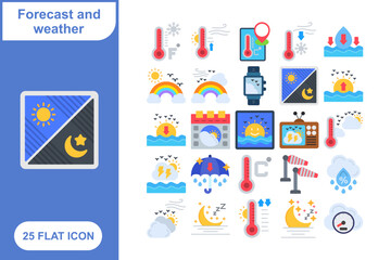 Fototapeta premium Weather Forecast Flat Icon Set, Collection of 25 Weather Forecast Flat Icon Set – 25 Rain, Sun, and Climate Icons