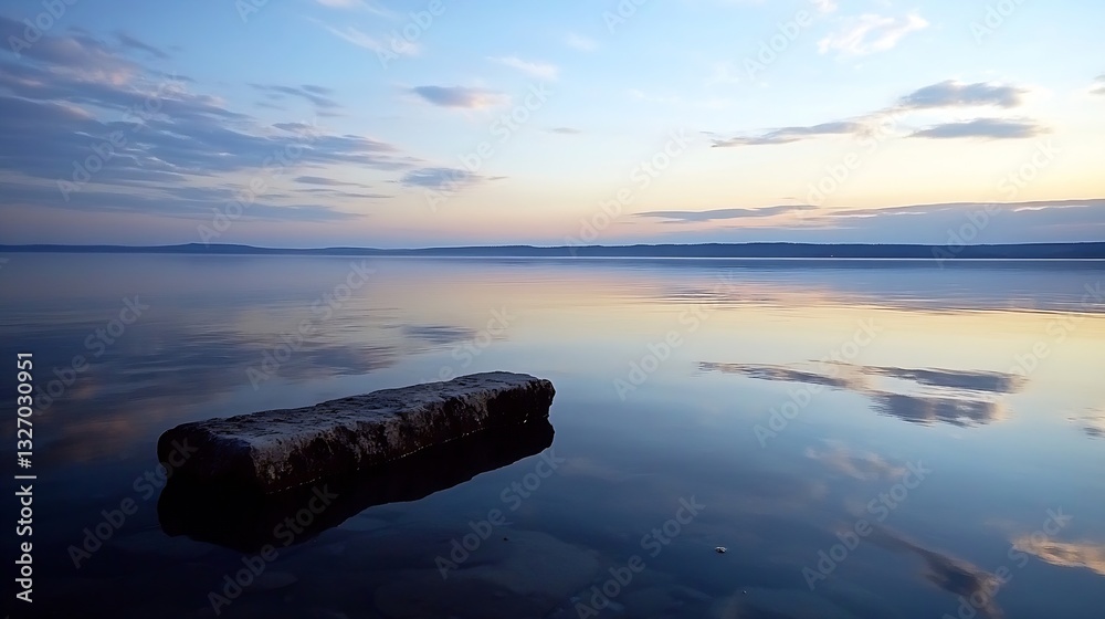 Poster serene lake view at sunset with a calm atmosphere featuring a stone in the water reflecting the soft