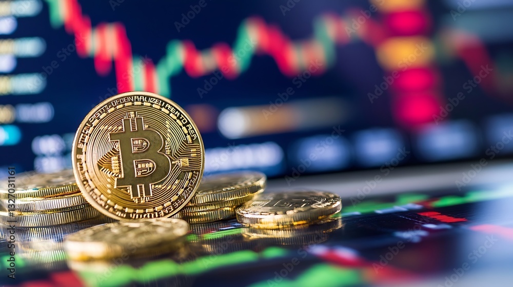 Poster cryptocurrency bitcoin coins stacked with digital market chart displaying financial trends : generat