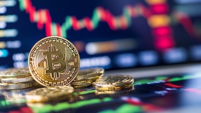Cryptocurrency Bitcoin Coins Stacked with Digital Market Chart Displaying Financial Trends : Generative AI