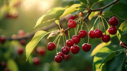 Obraz premium Close-up of ripe red cherries on branch, sunlight illuminating leaves, showcasing summer freshness and natural abundance, ideal for food or nature themes