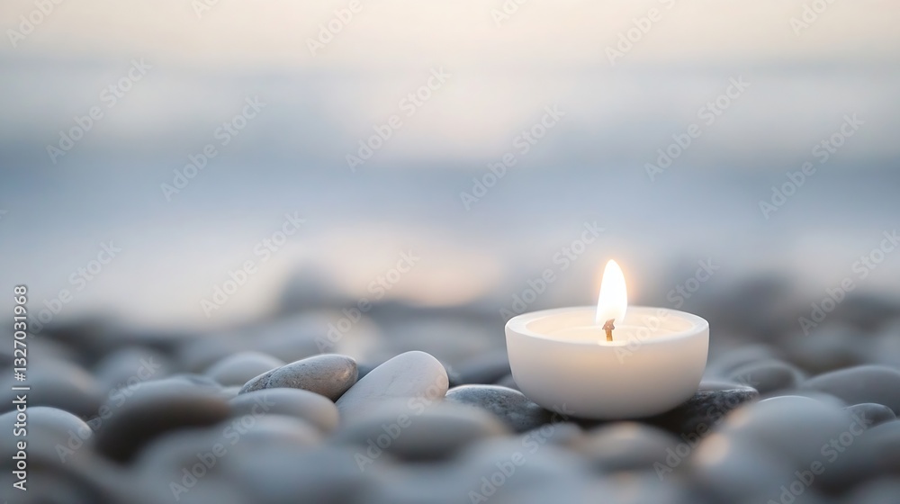 Leinwandbilder elegant candle flickering on smooth pebbles creating a warm and peaceful beach atmosphere in soft li