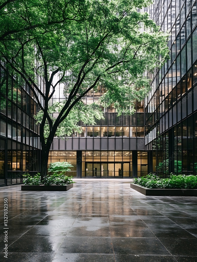 Poster urban green oasis with lush trees surrounded by modern glass architecture : generative ai