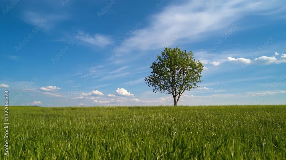Poster lone tree standing tall in a lush green field under a vast blue sky with fluffy white clouds : gener