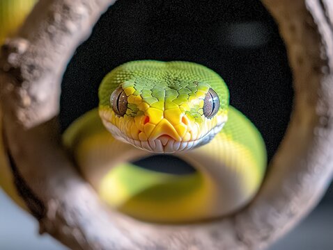 A vibrant green tree python coiled around a branch, its eyes staring directly into the camera