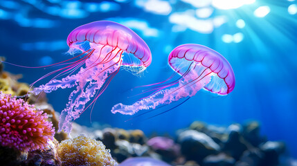 Glowing Pink Jellyfish in Vibrant Underwater Coral Reef