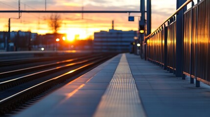 Train station platform at sunset with warm colors illuminating the scene : Generative AI