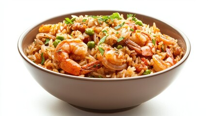 Fototapeta premium Jambalaya rice food on bowl, isolated white background 