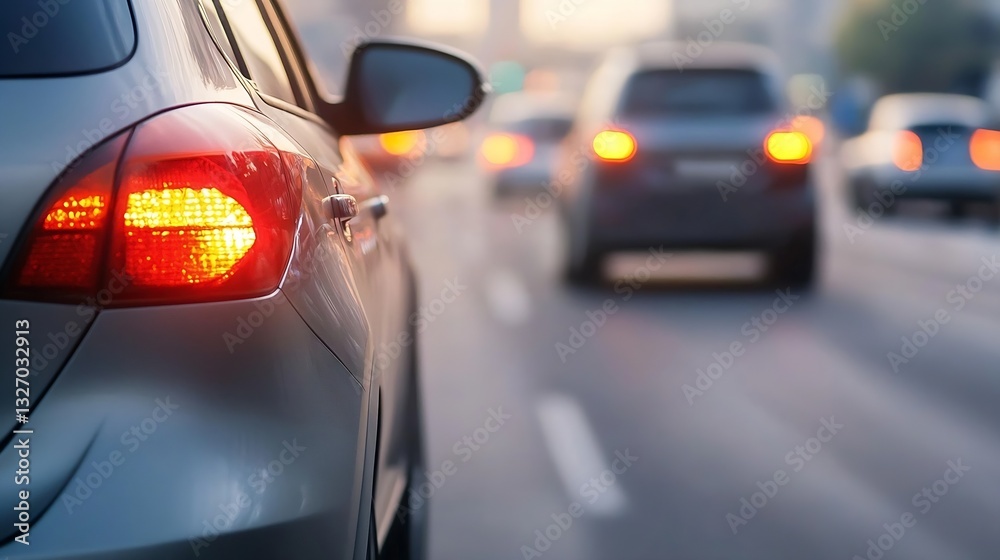Poster close up of car rear light in traffic during busy evening commute with urban vibe : generative ai
