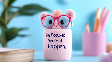 Cute Plush Toy with Motivational Quote on Pink Desk