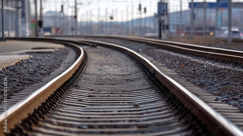 Poster Curved railway track leading into the distance evokes a sense of journey and exploration in urban environments : Generative AI