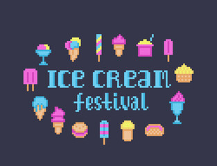 Set of pixel art icons of all types of ice cream isolated on black background. Poster for a summer festival.