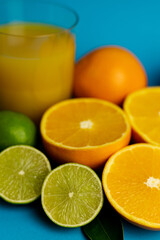 Close-up of cut oranges. Orange juice. Orange diet