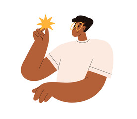 Man holding star in hand. Inspiration, creativity, discovery, new idea concept. Inspired creative smart character looking at wonder, light. Flat vector illustration isolated on white background