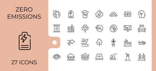 Net Zero line icons. Contain linear sign friendly, electric, change, power, renewable and more. Outline icon collection. Carbon modern icons. Minimal linear icons.