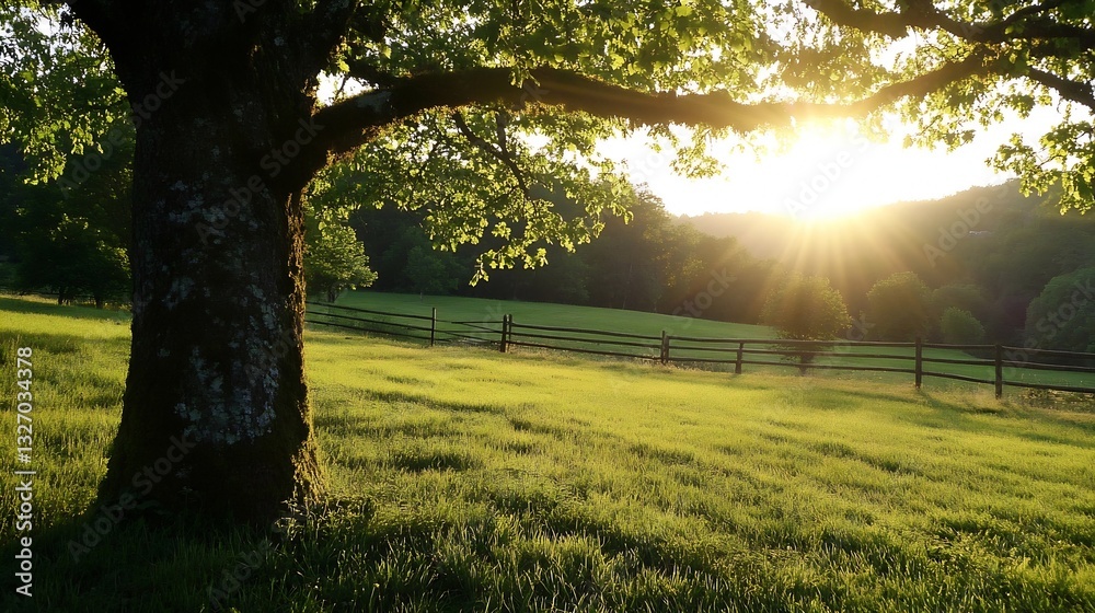 Poster sunlight filtering through leaves of a majestic tree in a vibrant green meadow : generative ai