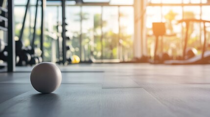 Closeup view of a single gym ball on the floor in a brightly lit fitness center : Generative AI