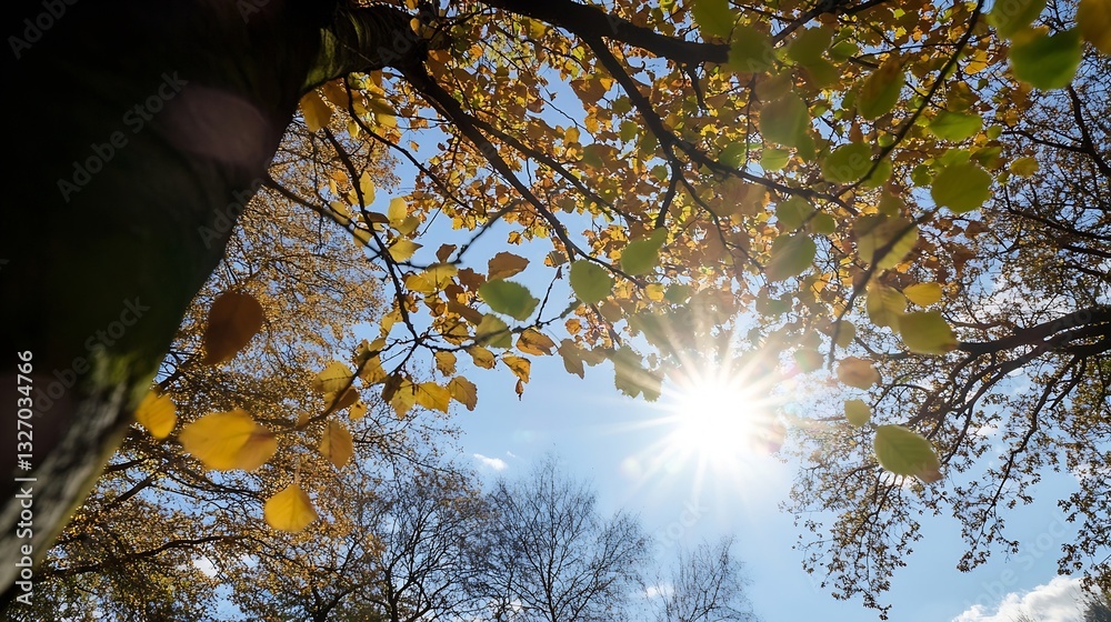 Aufkleber Warm sunlight filtering through autumn leaves creating a beautiful display of color and light : Generative AI
