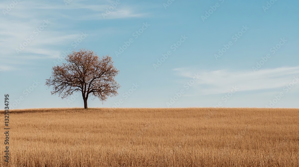 Poster solitary tree standing in an expansive field of golden grass under a clear blue sky : generative ai