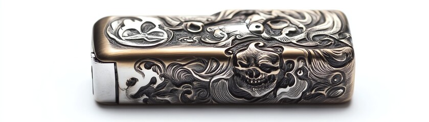 Artistic engraved lighter with intricate designs on a white isolated background