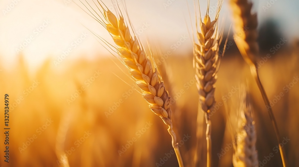 Poster golden wheat field bathed in warm sunset light with highlighted grain : generative ai