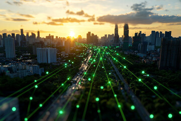 Obraz premium Smart city technology enhances urban living with green energy solutions