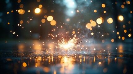 Obraz premium Glowing sparkler on wet ground at night with bokeh lights.