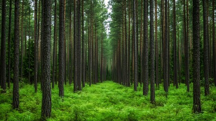 Obraz premium An enchanting view of towering trees lined up in a lush green forest pathway : Generative AI