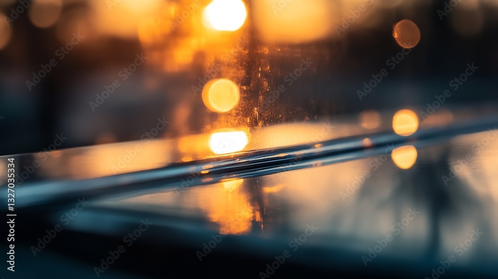 Fototapete Abstract closeup view of a sunlit glass surface capturing warm glowing bokeh effects in an outdoor setting : Generative AI