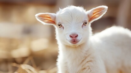 Obraz premium Adorable white baby goat with sparkling eyes and playful expression in a natural setting : Generative AI