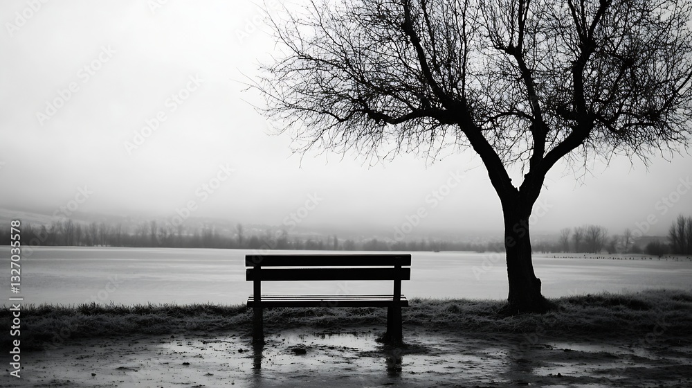 Poster a lonely bench under a bare tree by the lakeside on a misty and gloomy day : generative ai