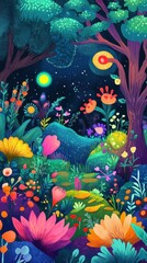 Fototapeta premium A colorful whimsical forest scene with bright blooming flowers